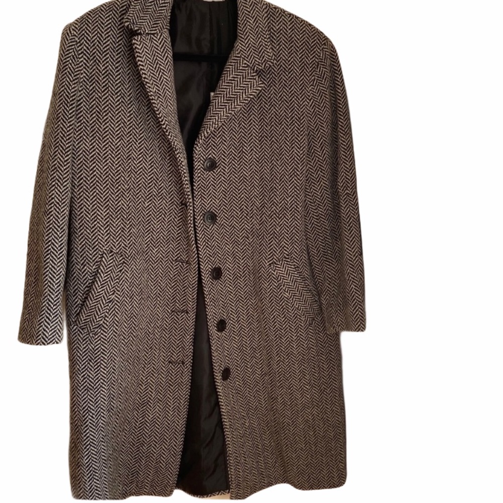 Herringbone Classic Black and White Wool Pea Coat, Small - Picture 3 of 8